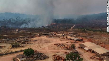 Aerial view in 2019 of a sawmill in Moraes Almeida, -a town along a section of the trans-Amazonian highyway-, in Itaituba, Para state, Brazil. 