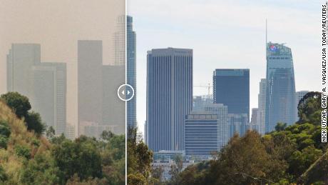 Los Angeles 1998, left, compared with Los Angeles March 2020 right