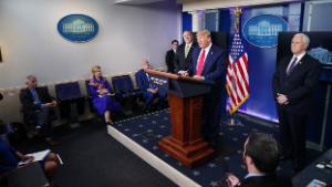 (L-R) Director of the National Institute of Allergy and Infectious Diseases Anthony Fauci, Response coordinator for White House Coronavirus Task Force Deborah Birx, CDC Director Robert R. Redfield, US Secretary of States Mike Pompeo, US President Donald Trump and US Vice President Mike Pence participate in the daily briefing on the novel coronavirus, COVID-19, in the Brady Briefing Room at the White House on April 8, 2020, in Washington, DC. (Photo by MANDEL NGAN / AFP) (Photo by MANDEL NGAN/AFP via Getty Images)