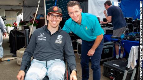 INDIANAPOLIS, IN - MAY 24: (L-R) IndyCar driver Robert Wickens is seen with former driver and SiriusXM Radio host AJ Allmendinger at the SiriusXM Radio stage on Indy 500 Carb Day at the Indianapolis Motor Speedway on May 24, 2019 in Indianapolis, Indiana. (Photo by Michael Hickey/Getty Images for SiriusXM)