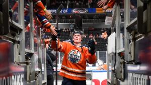 EDMONTON, AB - JANUARY 20: Colby Cave #12 of the Edmonton Oilers walks to the dressing room prior to the game against the Carolina Hurricanes on January 20, 2019 at Rogers Place in Edmonton, Alberta, Canada. (Photo by Andy Devlin/NHLI via Getty Images) 