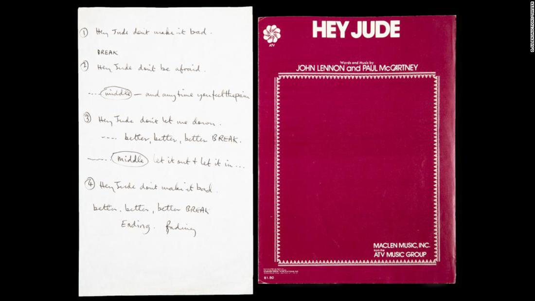 Lyrics to The Beatles' 'Hey Jude,' handwritten by Paul McCartney, sold for $910,000