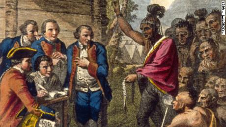 Pontiac, an Ottawa Indian, confronts Colonel Henry Bouquet, a leader of the British forces, who had authorized his officers in the 1700s to spread smallpox amongst Native Americans by infecting blankets.