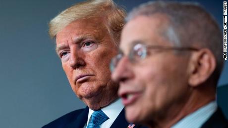 US President Donald Trump listens as National Institute of Allergy and Infectious Diseases Director, Dr. Anthony Fauci, speaks during the daily briefing on the novel coronavirus, COVID-19, at the White House on March 21, 2020, in Washington, DC. 