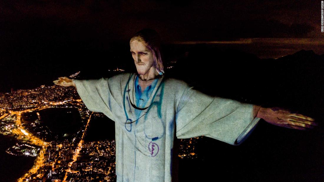 In Rio de Janeiro, the Christ the Redeemer statue was illuminated to make Christ look like a doctor on April 12, 2020.