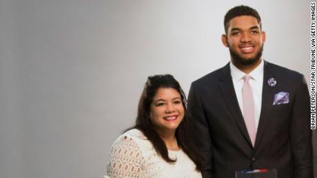 Karl-Anthony Towns poses with his mother, Jacqueline, ]before the announcement of his NBA Rookie of the Year Award.