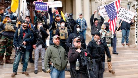 Protesters for &quot;Michiganders Against Excessive Quarantine&quot; at the state capitol in Lansing. 