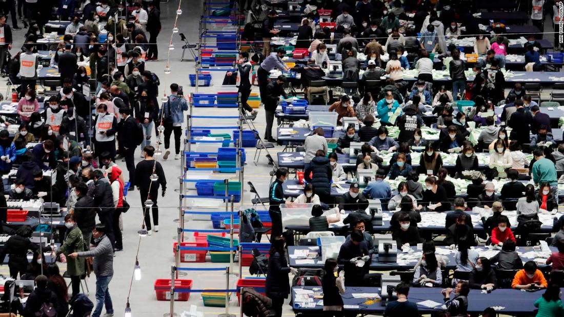 South Korean election officials sort out &lt;a href=&quot;https://edition.cnn.com/2020/04/15/asia/south-korea-election-intl-hnk/index.html&quot; target=&quot;_blank&quot;&gt;parliamentary ballots &lt;/a&gt;at a gymnasium in Seoul on April 15, 2020.