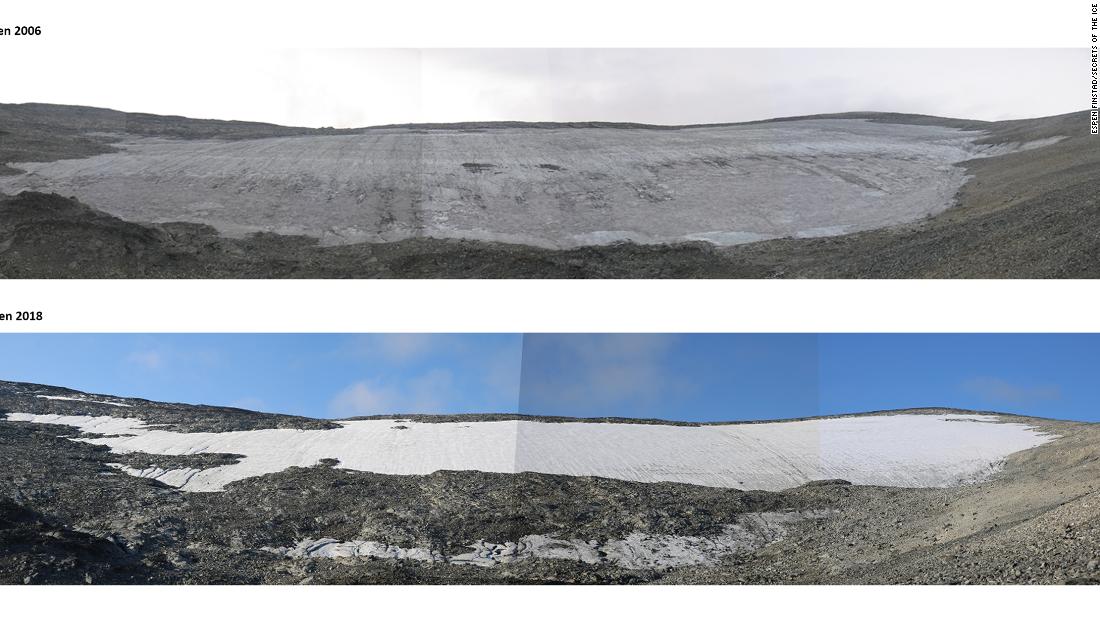 The Lendbreen ice patch has melted back drastically. The picture above shows Lendbreen during the big melt in 2006, the picture below is from 2018. 