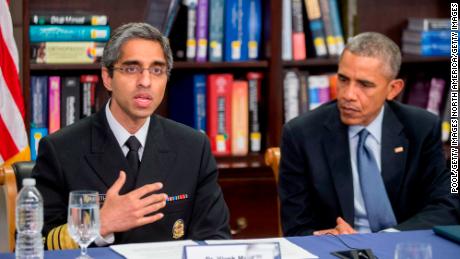 Vivek Murthy, then-US Surgeon General, speaks while participating in a roundtable discussion on the impacts of climate change on public health at Howard University with President Barack Obama in Washington, DC, on April 7, 2015.