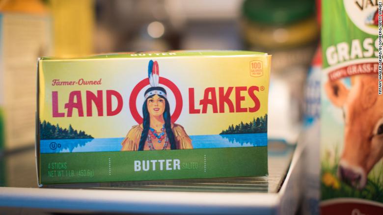 A container of Land O&#39;Lakes brand butter showing its old logo. 
