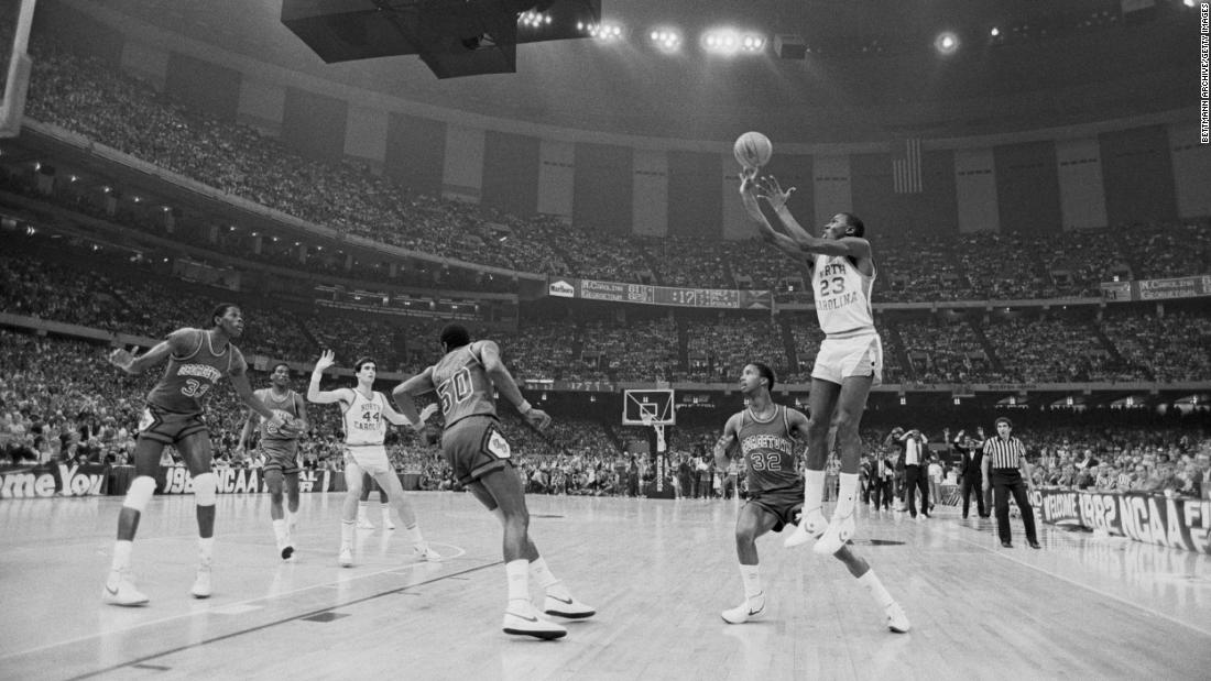 Jordan shoots the game-winning jumper in the final of the 1982 NCAA Tournament. North Carolina defeated Georgetown 63-62 for its first national title since 1957.
