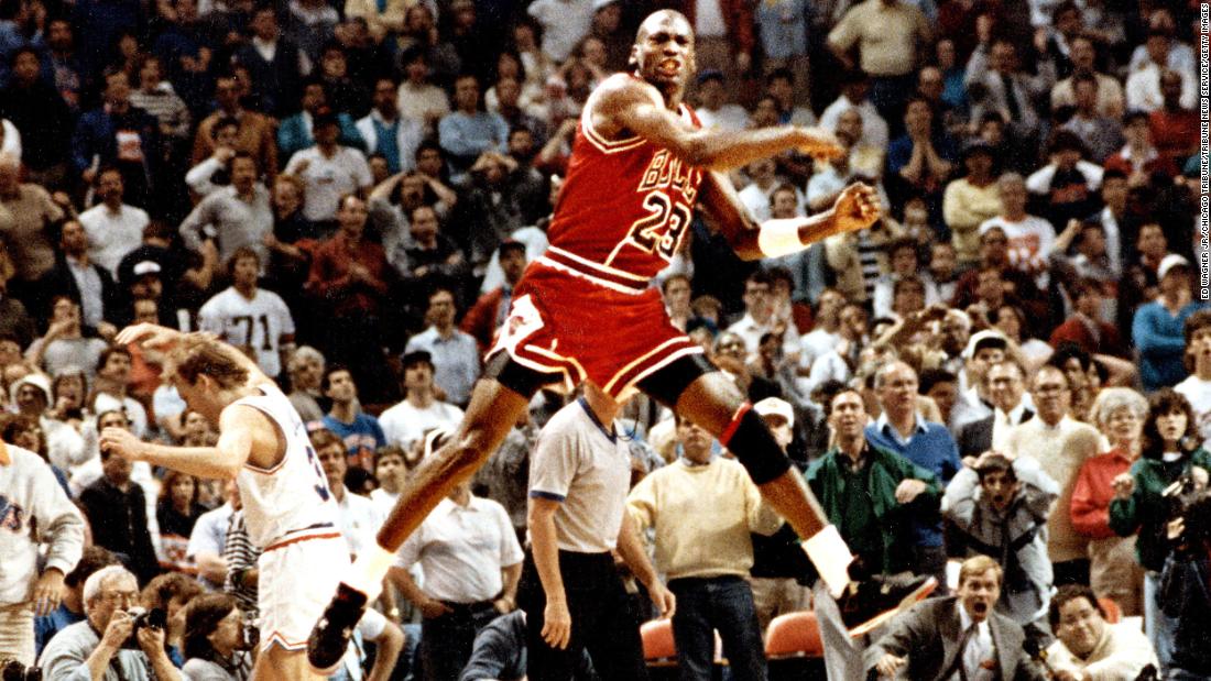 Jordan celebrates after hitting a buzzer-beating basket to knock Cleveland out of the NBA playoffs in 1989. The play became known as &quot;The Shot,&quot; and it was remembered for Jordan&#39;s fist-pump celebration and the dejection of Cleveland&#39;s Craig Ehlo.