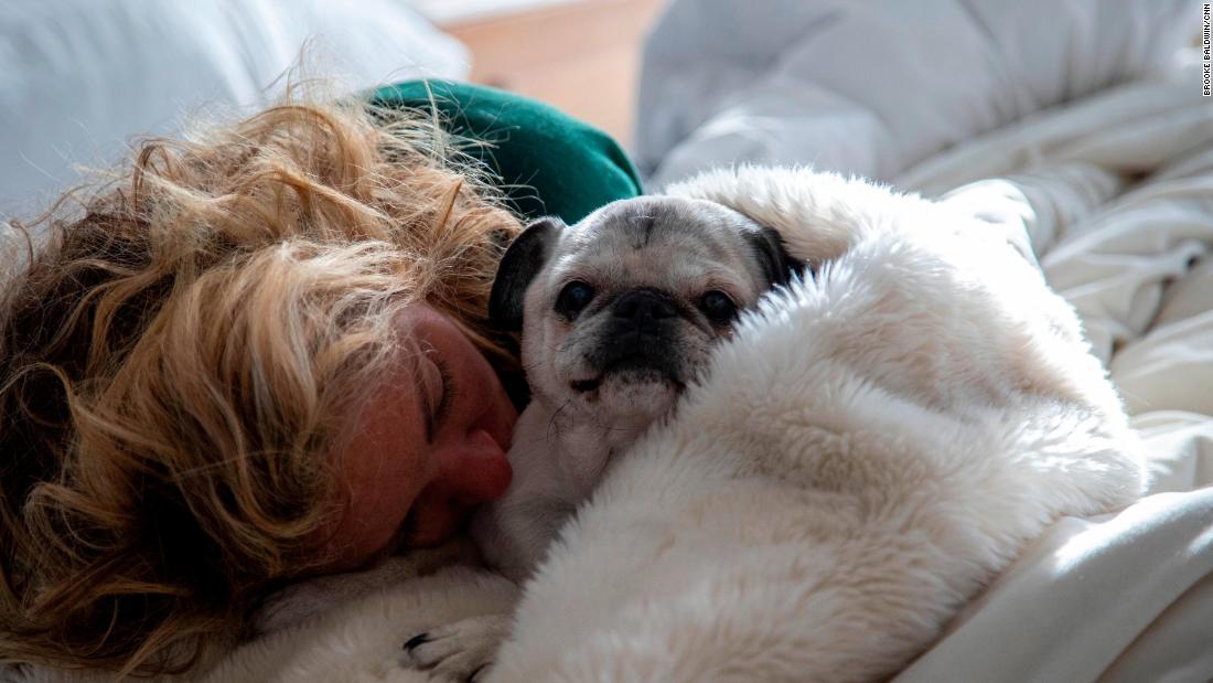 Laid very low by the coronavirus, Baldwin naps with her dog Pugsley.