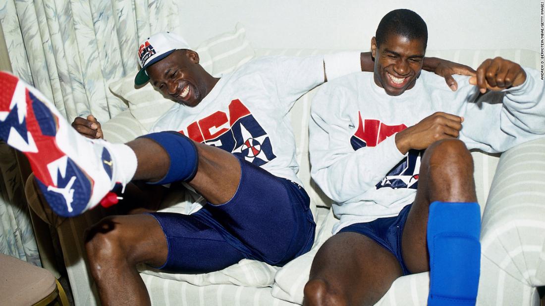 Former rivals became teammates when the Summer Olympics came around in 1992. Professional players were now allowed to play in the Olympics, and the United States &quot;Dream Team&quot; included Jordan and Magic Johnson, seen here. The &quot;Dream Team&quot; was must-see television that year, and it was no surprise when it took home the gold medal.