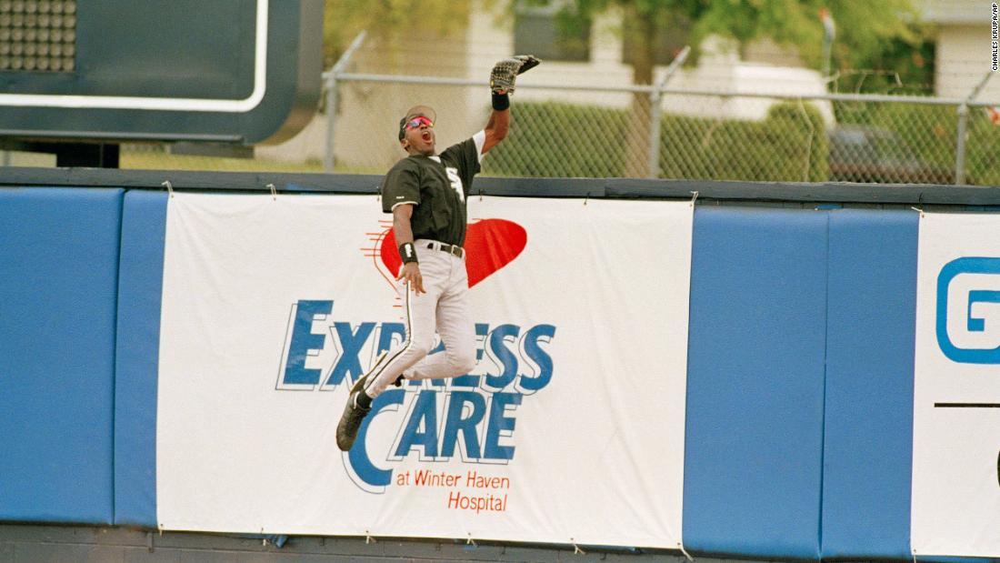 Jordan leaps for a catch during a game in Winter Haven, Florida, in March 1994. He played 127 games in the minors, hitting .202 with three home runs and 55 RBIs.