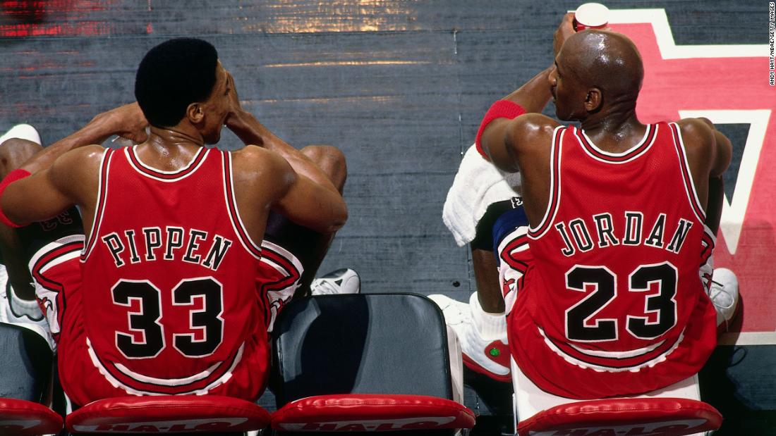 Jordan talks with Bulls teammate Scottie Pippen during a game in Vancouver, British Columbia. Jordan and Pippen were a potent 1-2 punch during the Bulls&#39; championship years, excelling at both offense and defense. Pippen was named to the Basketball Hall of Fame in 2010, a year after Jordan.