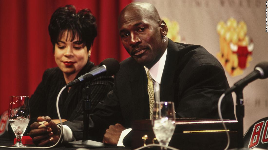 Jordan is joined by his wife, Juanita, as he announces his second retirement in January 1999. But he still had one more comeback left in him.
