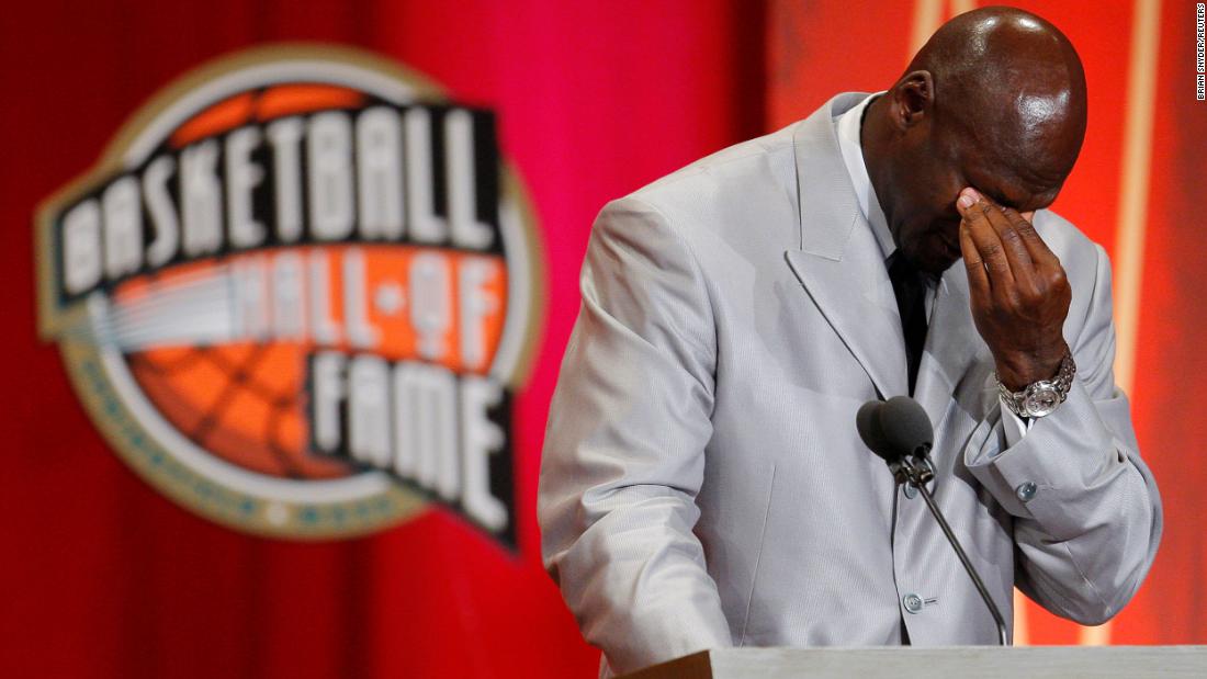 Jordan becomes emotional as he is inducted into the Basketball Hall of Fame in 2009. &quot;The game of basketball has been everything to me,&quot; he said. &quot;My refuge. My place I&#39;ve always gone when I needed to find comfort and peace. It&#39;s been a source of intense pain and a source of most intense feelings of joy and satisfaction.&quot;