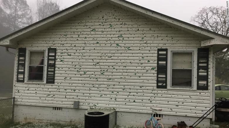 Shaina Scott said the hail had punctured holes in the side of her house in Alexander City, Alabama, on Sunday, April 19, 2020.