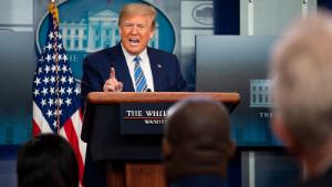 US President Donald Trump gestures as he speaks during a Coronavirus Task Force press briefing at the White House in Washington, DC, on April 19, 2020. (Photo by JIM WATSON / AFP) (Photo by JIM WATSON/AFP via Getty Images)