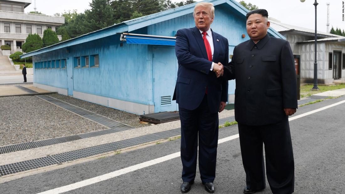 Trump and Kim shake hands as the two &lt;a href=&quot;https://www.cnn.com/2019/06/30/world/gallery/trump-kim-north-korea/index.html&quot; target=&quot;_blank&quot;&gt;meet at the Korean Demilitarized Zone&lt;/a&gt; in June 2019. Trump briefly stepped over into North Korean territory, becoming the first sitting US leader to set foot in the nation. Trump said he invited Kim to the White House, and both leaders agreed to restart talks after nuclear negotiations stalled. 