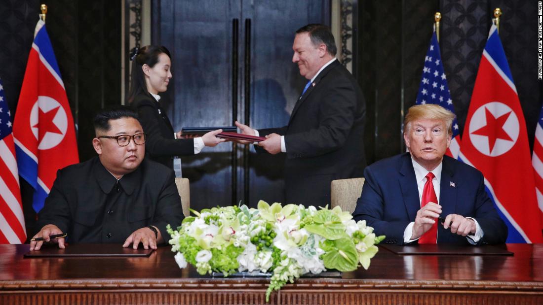 Kim and Trump prepare to sign a document at the end of &lt;a href=&quot;https://www.cnn.com/interactive/2018/06/politics/trump-kim-summit-cnnphotos/index.html&quot; target=&quot;_blank&quot;&gt;their summit in Singapore&lt;/a&gt; in June 2018. It was the first meeting ever between a sitting US president and a North Korean leader. In the document, the two sides agreed &quot;to work toward complete denuclearization of the Korean Peninsula.&quot; In exchange, Trump agreed to &quot;provide security guarantees&quot; to North Korea. 