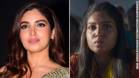 Actress Bhumi Pednekar after and before her skin was darkened to portray her character in the 2019 movie, &quot;Bala.&quot;