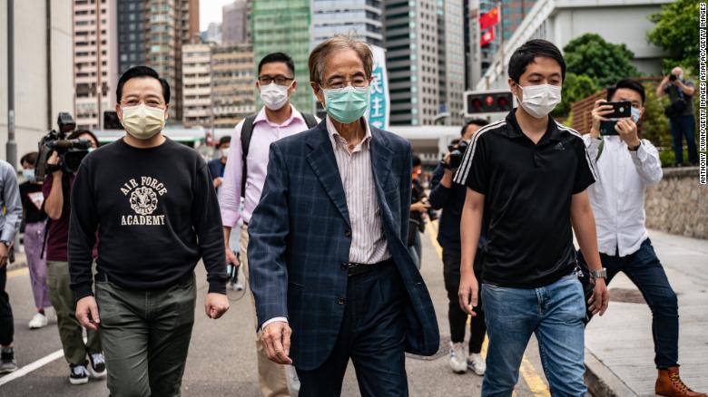 Former lawmaker and pro-democracy activist Martin Lee leaves the Central District police station in Hong Kong after being arrested on April 18, 2020.