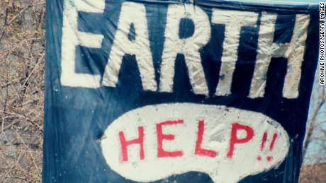 A banner at the inaugural Earth Day, New York City, 22nd April 1970. Earth Day is held annually to raise awareness of environmental issues.  (Photo by Archive Photos/Getty Images)