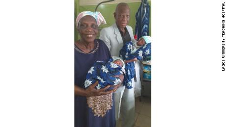Nigerian mother Margaret Adenuga and her husband Noah with their twins, a boy and a girl on April 19, 2020 at the maternity ward of the Lagos University Teaching Hospital in Lagos, Nigeria.