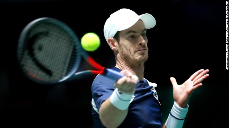 Andy Murray of Great Britain plays a forehand shot during his Davis Cup Group Stage match against Tallon Griekspoor of the Netherlands during Day Three of the 2019 Davis Cup at La Caja Magica on November 20, 2019 in Madrid, Spain. 