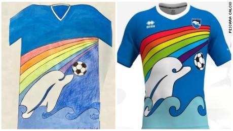 Luigi D&#39;Agostino&#39;s winning design depicts a dolphin, Pescara&#39;s club symbol, playing in the sea with a soccer ball.
