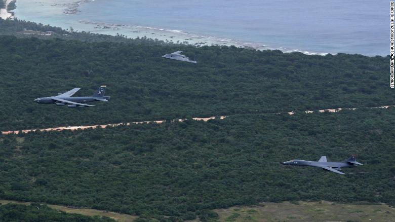 A US Air Force B-52 Stratofortress, B-1 Lancer and B-2 Spirit fly over Guam after launching from Andersen Air Force Base, Guam, for an integrated bomber operation Aug.17, 2016.