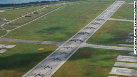 US military aircraft stationed at Andersen Air Force Base, Guam, perform an &quot;Elephant Walk&quot; to showcase combat readiness on April 13, 2020. 