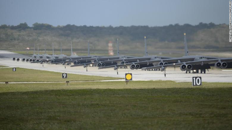 US military drones, helicopters, bombers and tankers stationed at Andersen Air Force Base, Guam, perform an &quot;Elephant Walk&quot; April 13, 2020. 