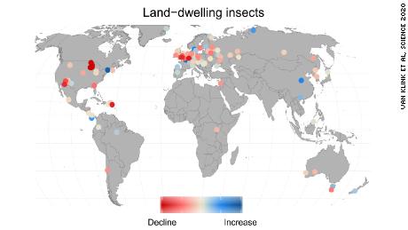 The colored dots represent the location and strength of decline or increase of insect population in the 166 data sets used in the study. Credit Van Klink et al, Science [2020]