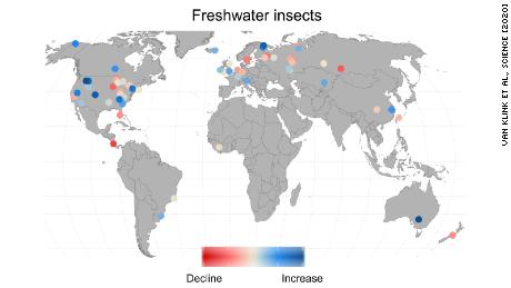 The colored dots represent the location and strength of decline or increase of insect population.