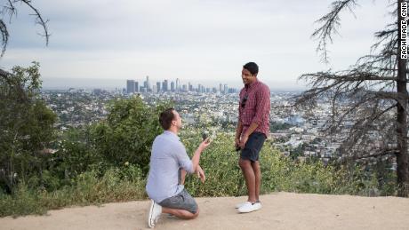 The engagement in Los Angeles on April 11, 2019 -- exactly a year before the wedding date. 