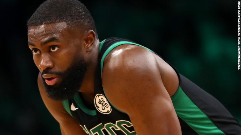 Jaylen Brown #7 of the Boston Celtics looks on during the second half of the game against the Houston Rockets at TD Garden on February 29, 2020 in Boston, Massachusetts.