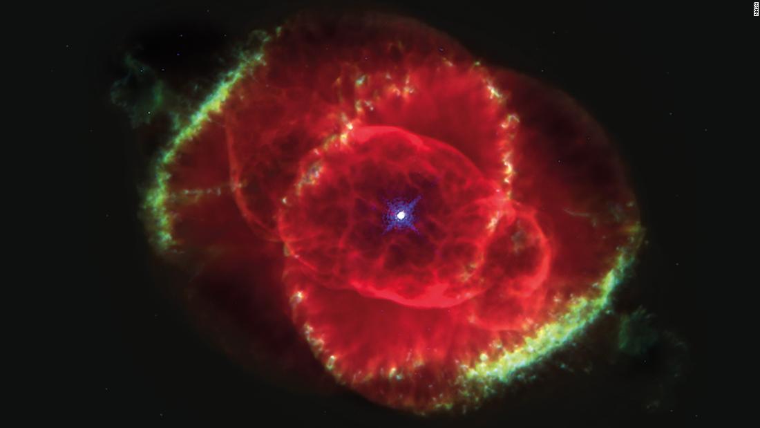 The Cat&#39;s Eye Nebula is a bunch of glowing gases kicked out into space by a dying star. This Hubble Space Telescope image shows details of structures including jets of high-speed gas and unusual knots of gas. This color picture is a composite of three images taken at different wavelengths. The nebula is estimated to be 1,000 years old. It&#39;s about 3,000 light years from Earth in the constellation Draco.