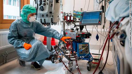 A nurse monitors a Covid-19 patient in the Extracorporeal Membrane Oxygenation (ECMO) department of Karolinska Hospital in Solna, near Stockholm, Sweden, on April 19.