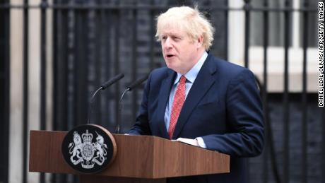 Boris Johnson gives a statement in Downing Street on April 27,  following more than three weeks off work after being hospitalized with Covid-19.