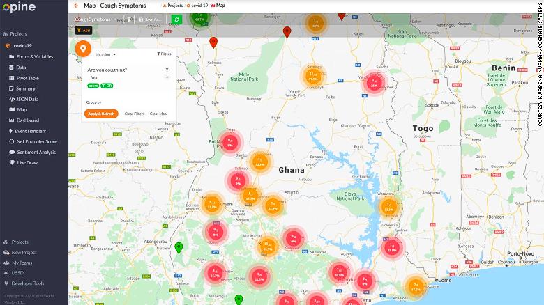 Opine Health Assistant map showing the coronavirus reported cough symptoms in Ghana