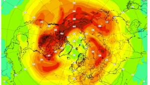 Total column ozone field (in Dobson Units) from CAMS on 29 March 2020 showing values below 250 DU over large parts of the Arctic.