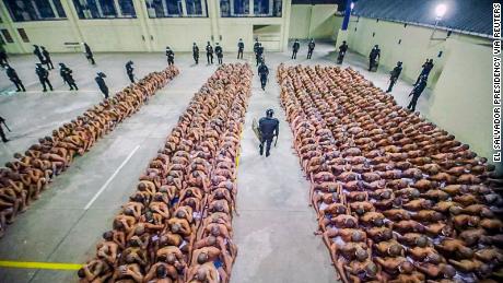 Inmates at Izalco jail are lined up together during a 24-hour lockdown ordered by El Salvador&#39;s President Nayib Bukele.