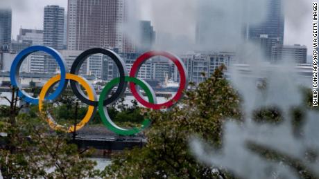 A general view shows the Olympic Rings at Odaiba waterfront in Tokyo on April 20, 2020. 