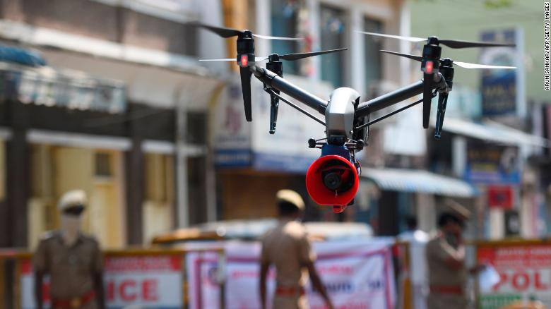 A drone used by police to monitor activities of people and spread awareness announcements in Chennai on April 4, 2020. 