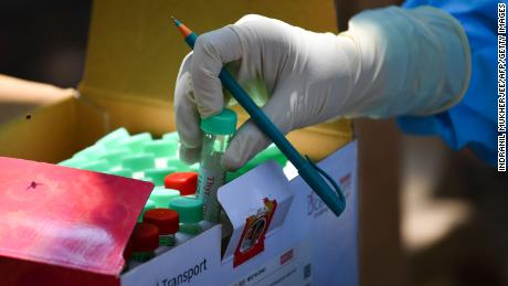 A sample tube at a Covid-19 coronavirus testing drive inside the Dharavi slums during a government-imposed nationwide lockdown in Mumbai on April 16, 2020. 