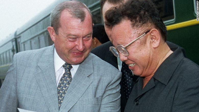 Kim Jong Il, right, and Konstantin Pulikovsky, who was the Russian President&#39;s representative in the Far East, are seen in the Russian city of Vladivostok on July 26, 2001.